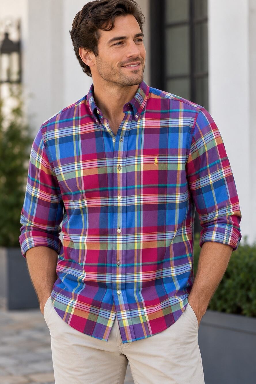 Ralph Lauren Men’s Large Multicolor Plaid Button Down Shirt 100% Cotton